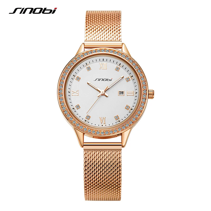 SINOBI Fashion Diamond Woman Watches Golden Women Quartz Wristwatches Elegent Ladies Calender Gift Box Clock Relogio Feminino