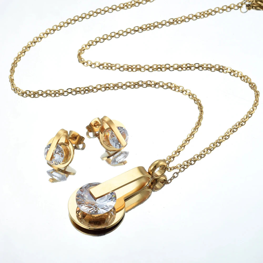 

021 Jewelry Set for Women Gold Color Round Zricon Design Necklace Stud Earrings Party Jewelry 2020
