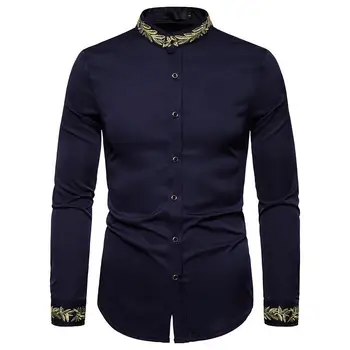 

Men's Shirts Flower Embroidery Standing collar Long-sleeved Shirt for Man Floral Unique design Blouse Men