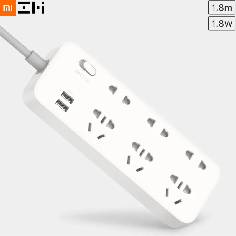 Xiaomi ZMI 18 Вт Мощность полосы 6 розетки переменного тока [3 пять/два отверстия] 2 USB Смарт выход цельный медный Обновление безопасности