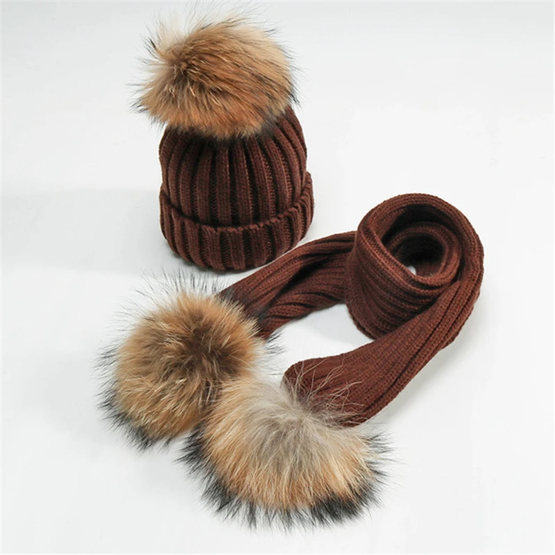 Осенне-зимний детский шарик из меха енота, шерстяная шапка для мальчиков и девочек, Модная вязаная шапка, комплект теплой шапки, головной убор