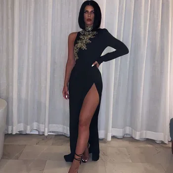 

Sexy One Sleeve Wedding Formal Evening Party Long Dress Women Turtleneck High Split Embroidery Floor-length Bodycon Maxi Dress