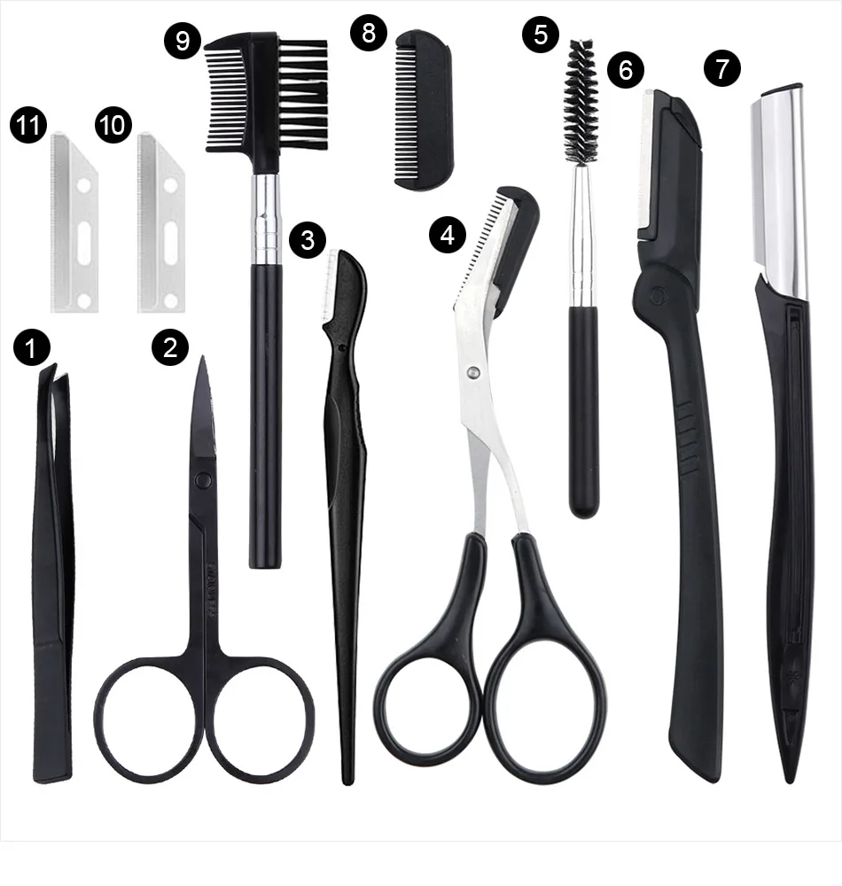 Description Picture 3 of item4/6/8/11Pcs Professional Eyebrow Trimmer Set Scissors Tweezers Eyebrow Scraping Comb Clip Forceps Cosmetic Eyebrows Makeup Tools