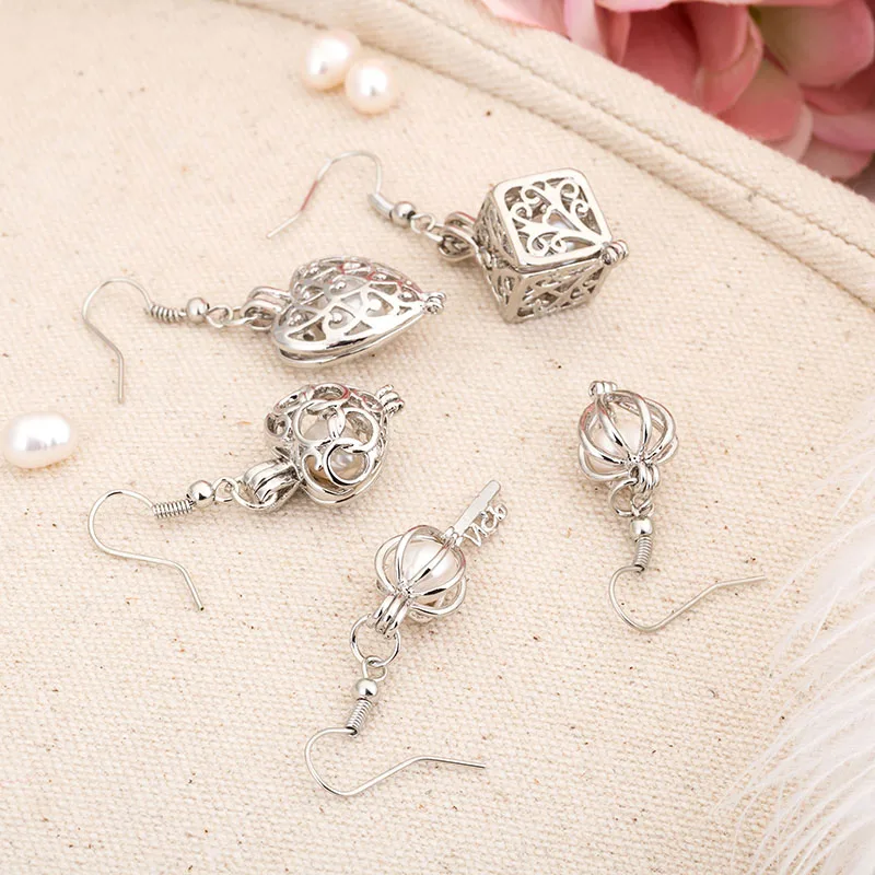 Pearl Cage Earring Jewelry Findings Cage Square Essential Oil Diffuser Locket Earring For Oyster Pearl Women Girl Gifts