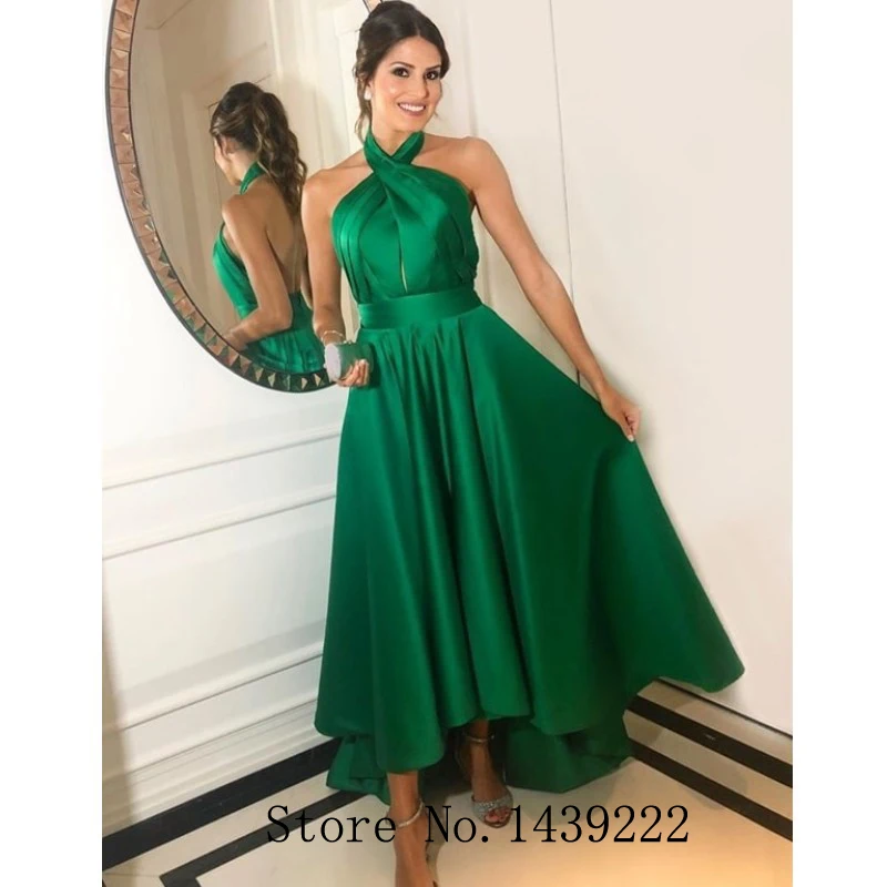 

Green High Low Evening Dress Gown Halter Graduation Formal Celebrity Dresses Robe De Soiree Evening Dress
