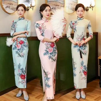 

Plus Size 5XL Vintage Chinese Traditional Women Rayon Print Flower Qipao Mandarin Collar Cheongsam Novelty Chinese Formal Dress