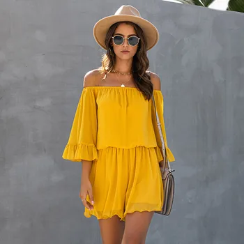 

2020 New Summer Fashion Slash Neck Playsuits Women Casual Loose Solid High Waist Ruffles Playsuits