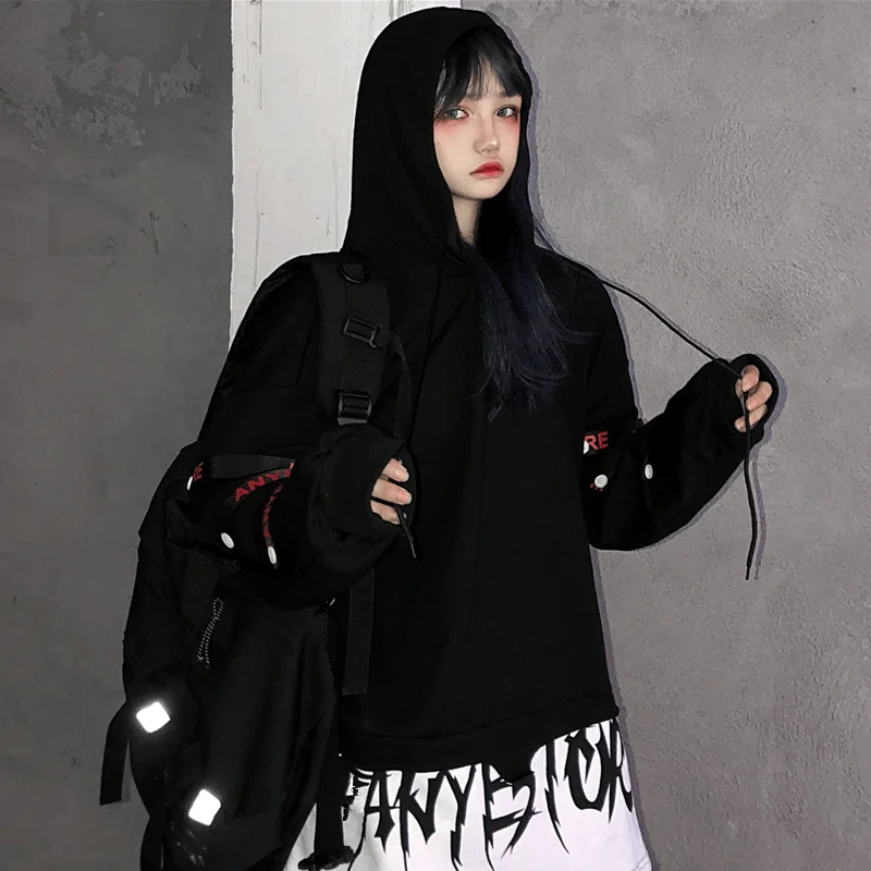 NiceMix Толстовка в стиле хип-хоп, женские корейские свободные топы, женские повседневные осенние толстовки с длинным рукавом, черная толстовка в стиле панк, уличная Толстовка