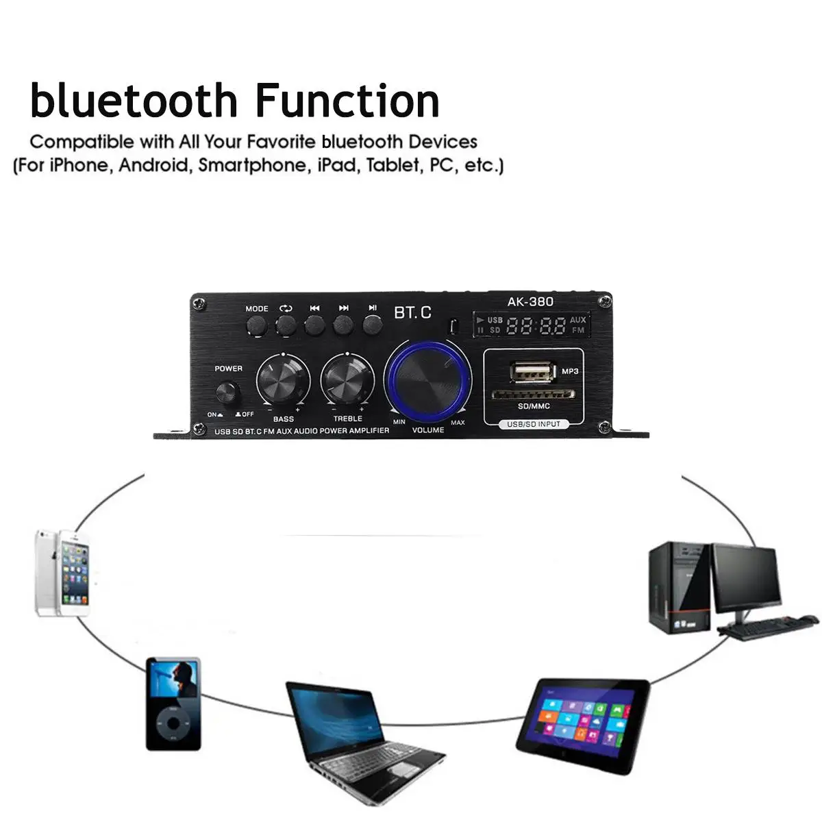 Amplificador de Áudio Ak380 Ak170 800w 12v Bluetooth 5.0 Estéreo Amp Leitor de Música Classe d fm - Image 2