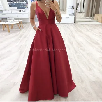 

Sexy Deep V-neck Evening Dresses Sleeveless Long Burgundy Formal Dresses New Simple Evening Gown For Women robe de soiree Custom