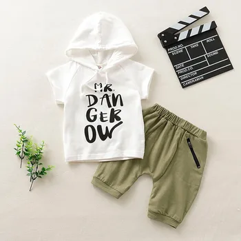 

TELOTUNY Children's clothing Baby Kids Boys Solid Cotton Short Sleeve Letter Printed Hooded Sweatshirts Tops+Shorts Set Jun29
