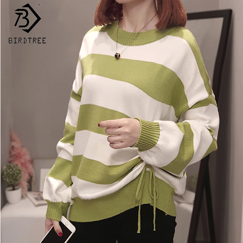

4 Colors 2019 Autumn New Arrival Women's Sweater Elegant Striped Lace Up Full Sleeve Pullovers O-Neck Knitting Casual C98505K