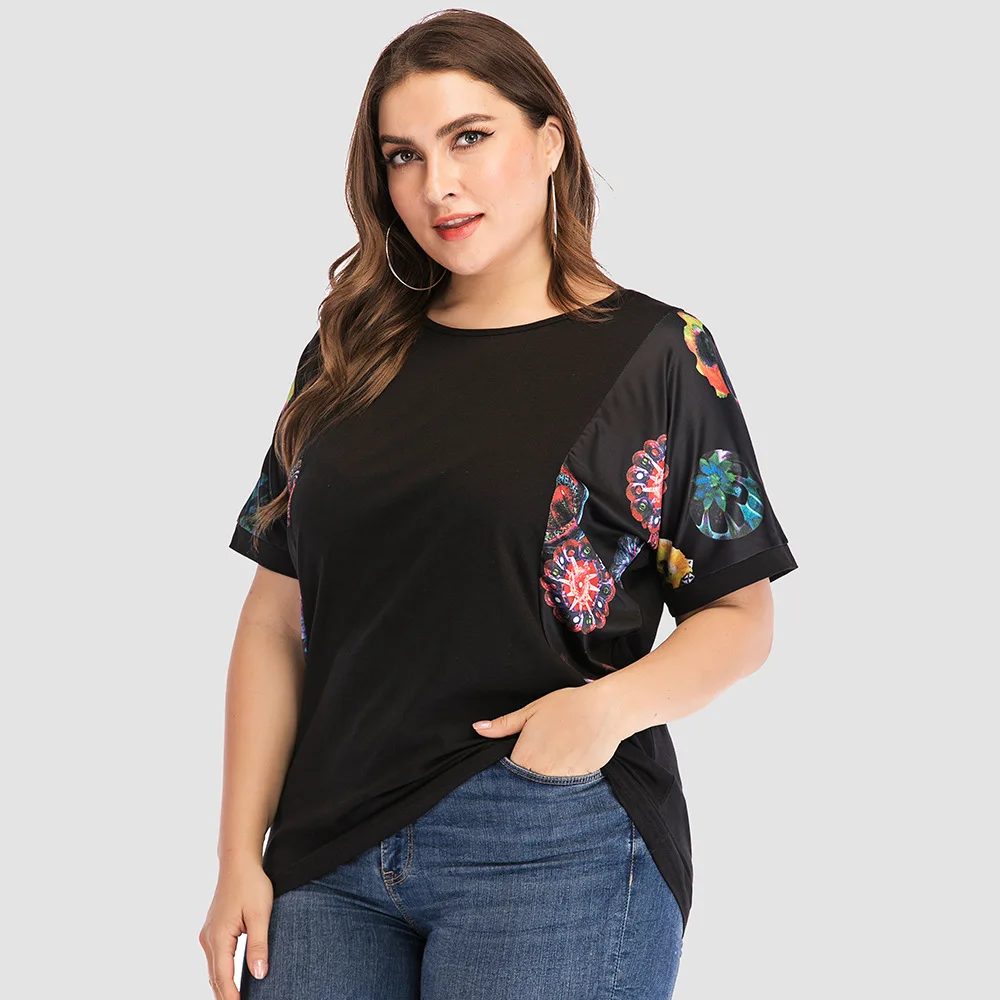 5XL плюс размер блузка женская летняя с круглым вырезом короткий рукав цветочный принт Лоскутная Элегантная блузка футболка свободный женский жакет Топы