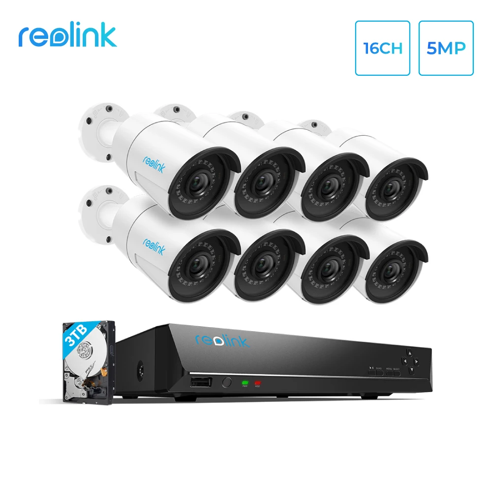 Reolink 5MP IP Security Camera System PoE 16ch NVR&8 IP Outdoor Infrared Cameras 3TB HDD RLK16-410B8