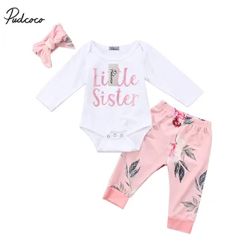 

3Pcs Newborn Infant Baby Girl Clothes Little Sister Romper + Floral Pants Outfits Set