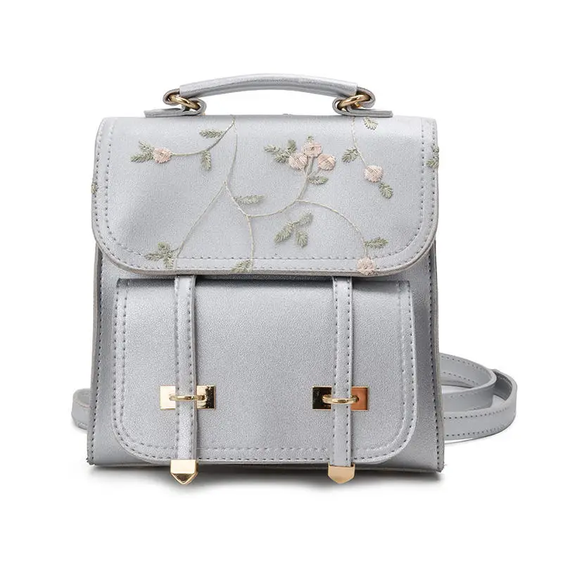 School Backpack Teenage Girls High Quality Leather Women Shoulder Bag Backpack Floral Embroidery Design Rucksack - Color: sliver