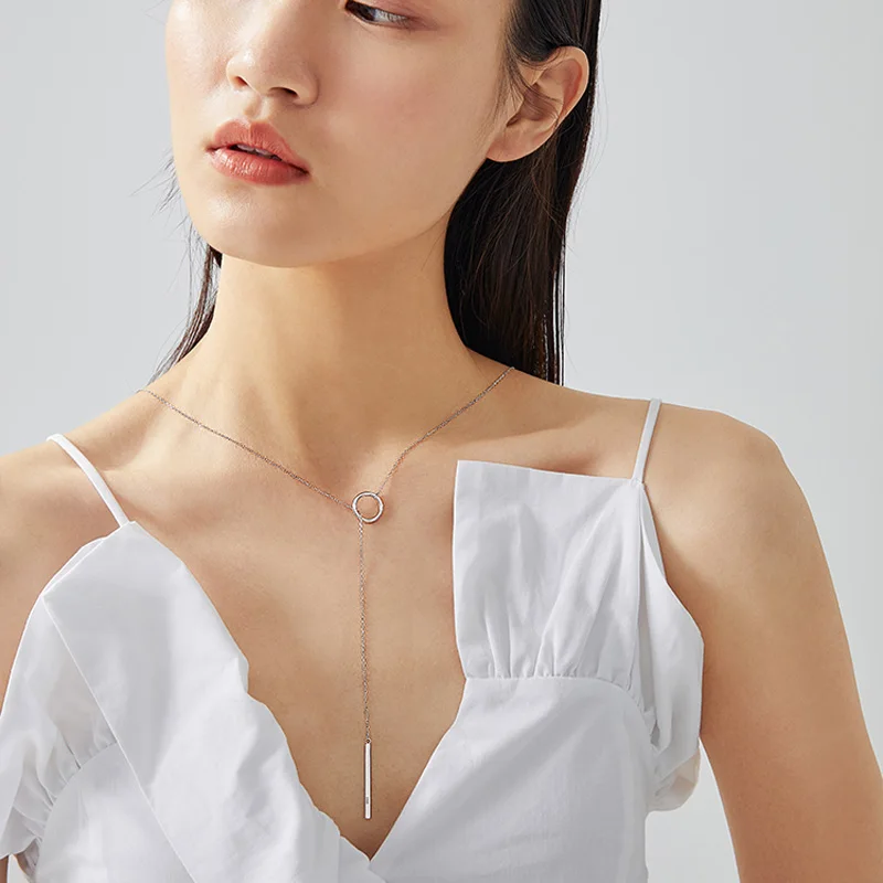 Trendy 925 Sterling Silver Circle AAA Zirconia Long Chain Necklace Shiny Stick Pendants Necklace For Girl Gift Fine Jewelry pendant necklace silver necklace