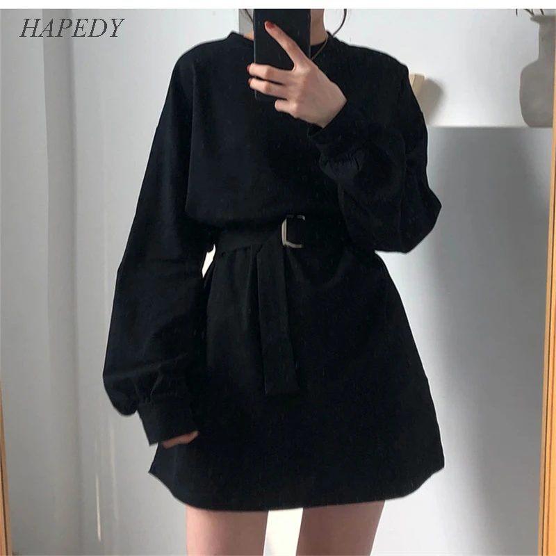 Женское платье футболка с длинным рукавом HAPEDY однотонное свободное в Корейском