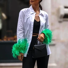 

PTYSIC Cuff Stitching Non-detachable Green Furry Feather Decoration Women Shirt 2022 Spring New Female Blouse Chic Fashion Top