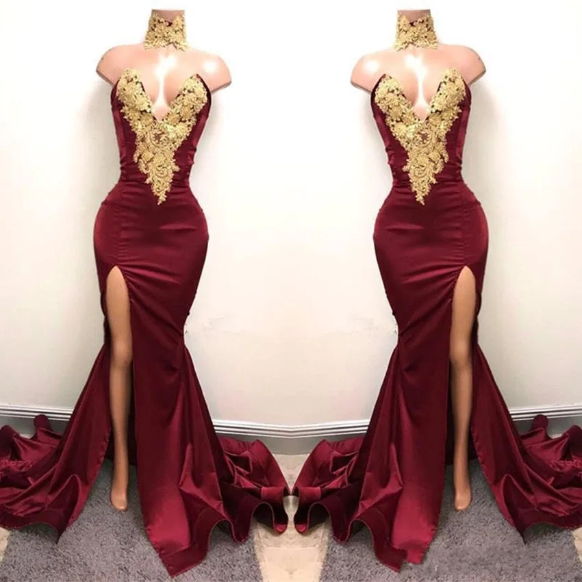 

H Aso Ebi Burgundy 2019 Long Mermaid Prom Dresses 2020 Nigeria Sexy High Side Split Prom Gowns Off Shoulder African Appliques