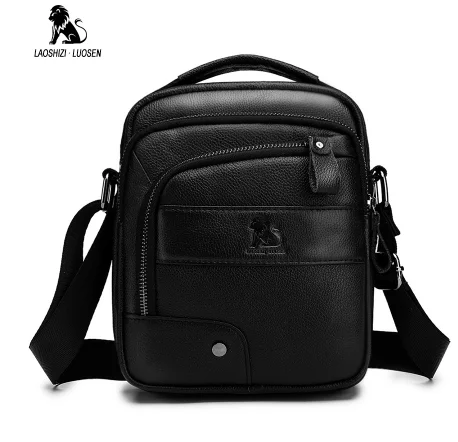 Черный LAOSHIZI men's Genuine Leather Shoulder Bag Men Messenger Bags Small Casual Flap Zipper Design handbags Male CrossBody Bag - Цвет: Черный