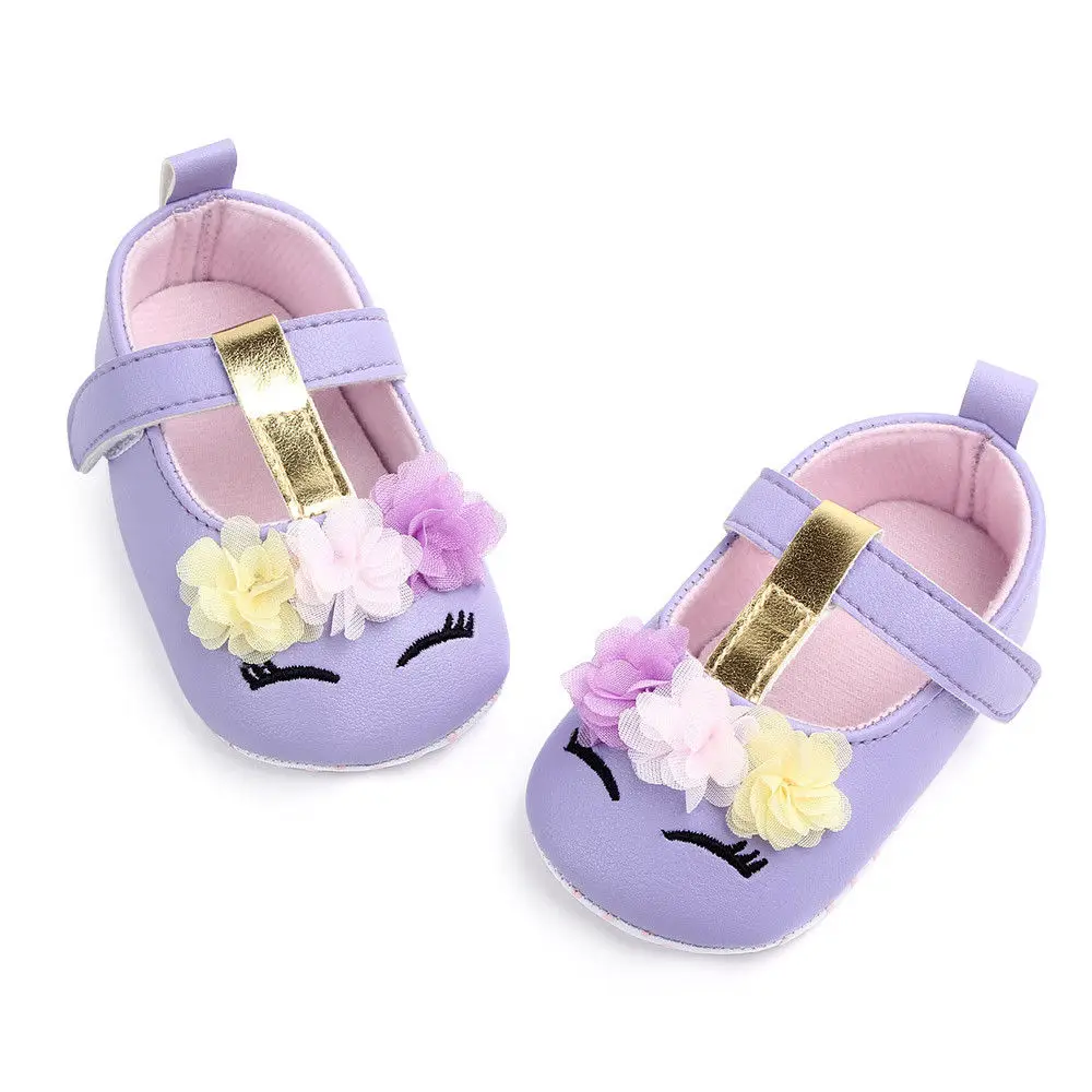 Новинка года; Брендовая обувь для маленьких девочек с цветочным принтом и единорогом; обувь из искусственной кожи; обувь для малышей с мягкой подошвой; сезон весна-осень; обувь для первых шагов 0-18 месяцев - Цвет: Purple