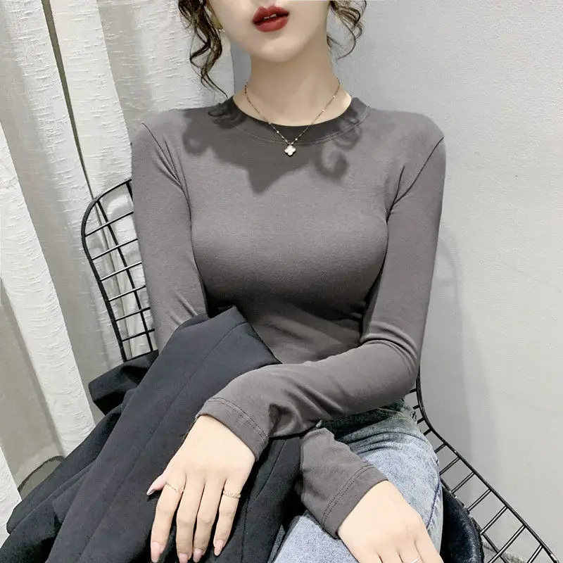 Women Long Sleeve Sexy T-Shirt 2021 Autumn Sexy U Neck Solid Rib Knit Basic Tee Tops Slim Fashion Korean Female Pullover T-shirt chrome hearts t shirt