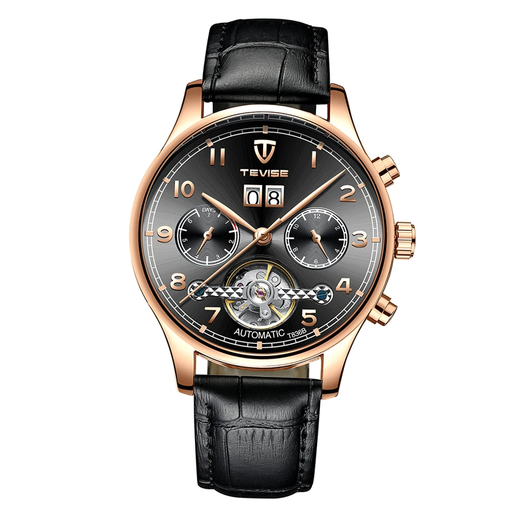 Rose Gold Black 43m TEVISE мужские классические автоматические механические часы 30 м водонепроницаемые - Цвет: Rose Gold Black 43m