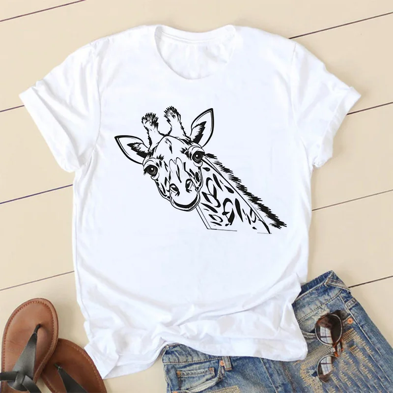 Giraffe Print Pink Woman Tshirts Women's Summer Harajuku Fun Cute Animal Pattern T Shirt Women Tops Casual Short Sleeve T-shirt