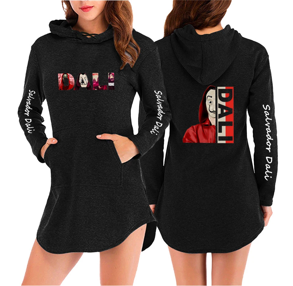 Fashion Women Autumn Hoody Sweatshirt Drawstring Solid  salvador dali print Long Sleeve Loose Hoodies Pullover Tops Harajuku