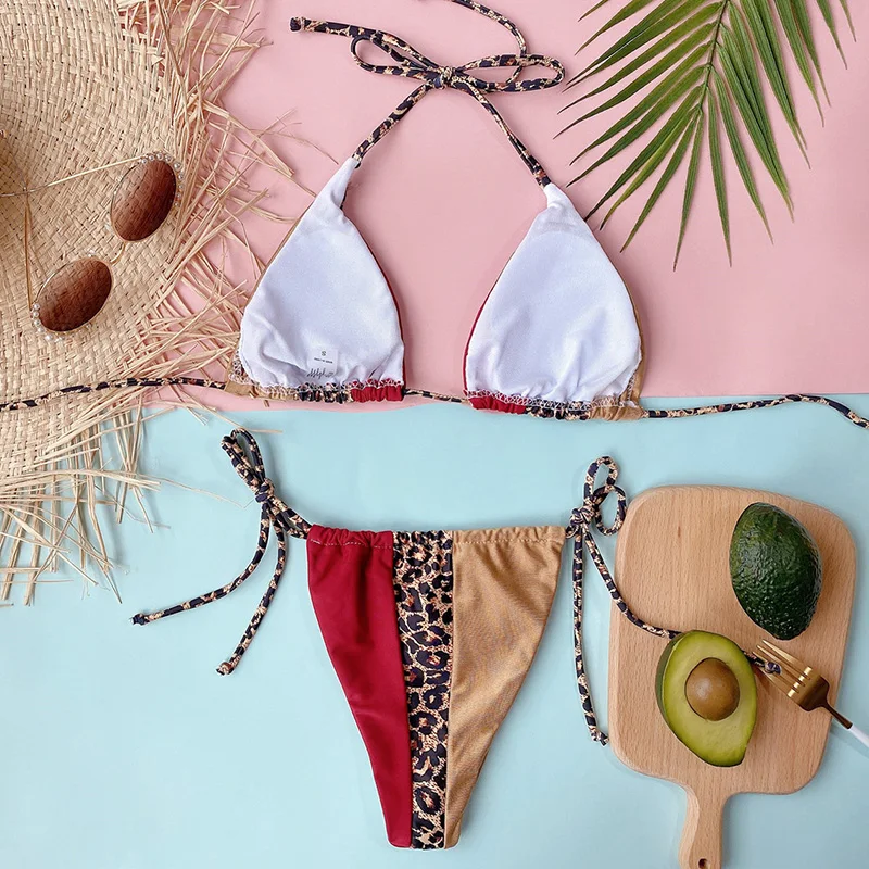 INGAGA Leopard Bikinis Swimsuits Patchwork Swimwear Women Thong Bathing Suits Halter Biquini Sexy Bow Beachwear 2020 Bikini Set