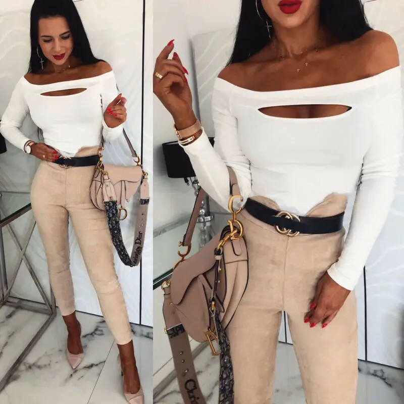 Fashion Women Sexy Off Shoulder Tops Ladies Casual Slim Fit Tee Plain Stretch Bardot Hollow Out Long Sleeve T-Shirt Pullover