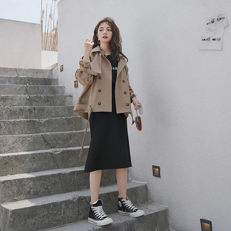 

Photo Shoot Short Coat Women's 19 Years Early Spring Autumn New Style Short-height Online Celebrity waitmore Trench Coat INS Fas