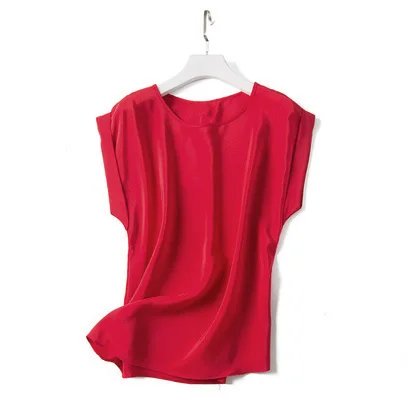 Женская футболка из натурального шелка, короткий рукав летучая мышь, однотонная шифоновая Свободная рубашка, натуральный шелк, базовый топ, плюс размер, лето - Цвет: Red