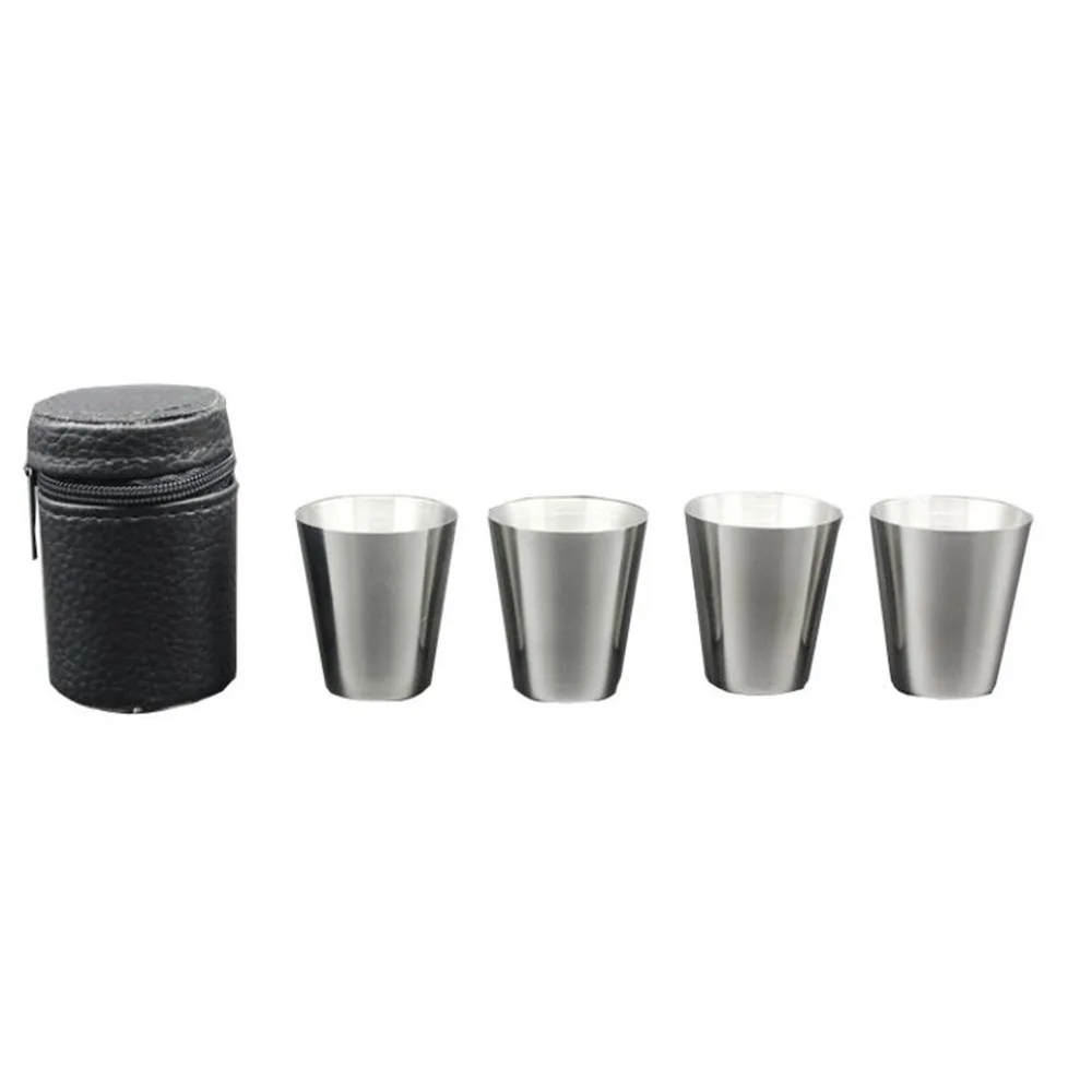 Set of 4 Polished Mini Stainless Steel Shot Glasses with Leather Cover Bag for Home, Kitchen, and Bar Use (30ml each)