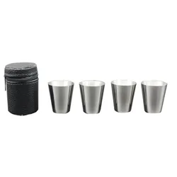 Set of 4 Polished Mini Stainless Steel Shot Glasses with Leather Cover Bag for Home, Kitchen, and Bar Use (30ml each) (4pc with bag)