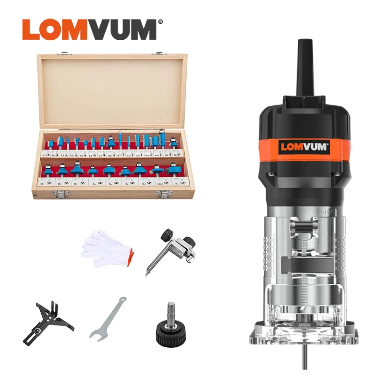 LOMVUM Woodworking Router 220V Milling Machine Electrict Trimmer Wood Cutting Trimming Machine 6.35MM Milling Engraving Slotting