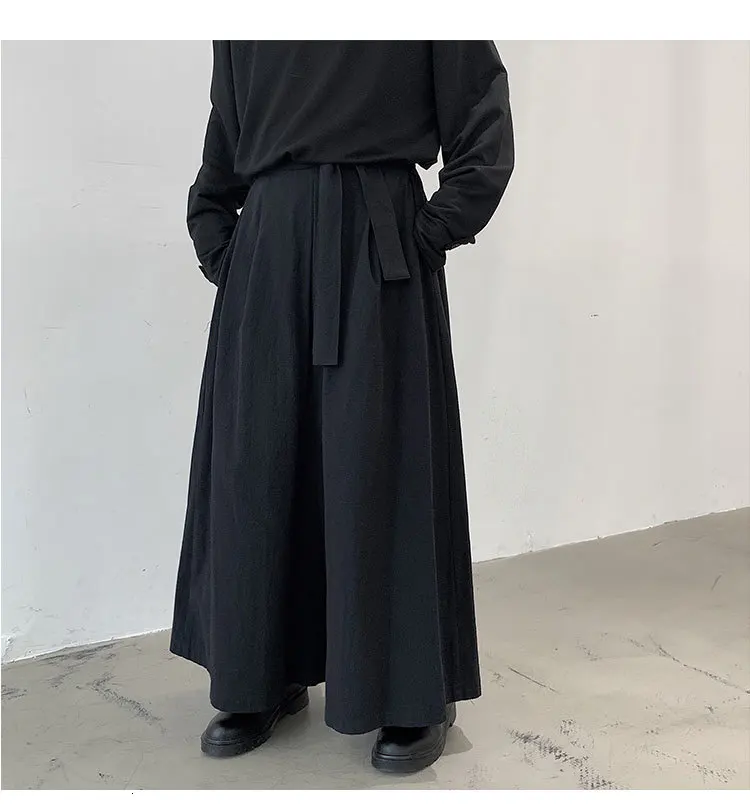 Male Women Streetwear Hip Hop Punk Gothic Ribbon Harem Skirt Trouser Men Japan Style Loose Casual Black Kimono Wide Leg Pants