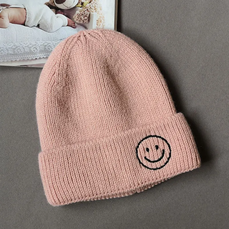 Light Pink Dilidala/Новинка года; Детская шерстяная теплая зимняя шапка со смайликом для девочек и мальчиков; яркие цвета; Детские шапки; сезон осень-зима; повседневная детская шапка - Цвет: Light Pink