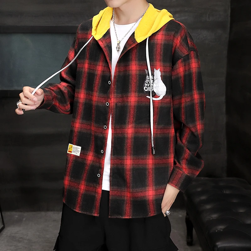

Brand New Plaid Hooded Shirt Cat Pattern Mens Shirt Autumn Casual Black Yellow Red Men Long Sleeve Shirt