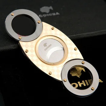 

COHIBA Gadgets Double Blades Stainless Steel Gold Tone Cigar Cutter Knife Pocket Gadget Zigarre Cuban Smoking Accessories 356HG