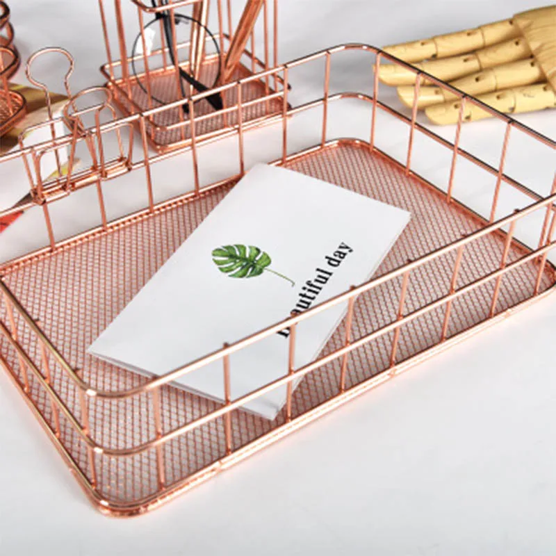 2019 модные розовые золотые металлические настольные корзины для хранения ручек