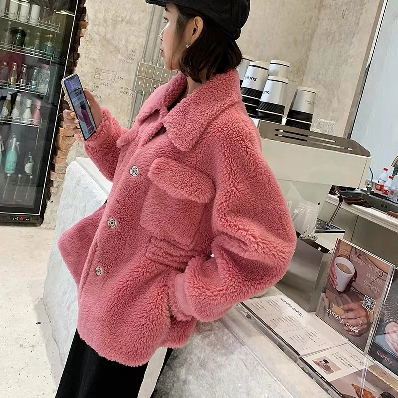 Rose Red Пальто из натурального меха, Женское зимнее пальто из овечьей шерсти, женское корейское шерстяное пальто, женская одежда, Manteau Femme 111, YY1180 - Цвет: Rose Red