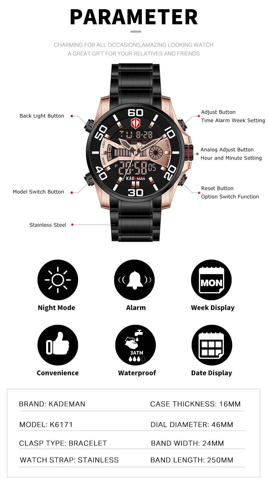 K6171 Роскошные мужские часы Tech светодиодный спортивные мужские часы полностью стальные 3ATM цифровые наручные часы бренд KADEMAN повседневные деловые