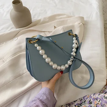 

Summer New Pearl Chain Crossbody Bags For Women Leather Small Fashion Solid Color Handbags Lady Shoulder Travel Bag Wild Totes