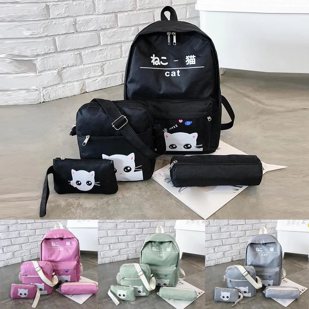 30# комплект из четырех предметов, школьный портфель, школьная сумка для подростка, повседневный модный брезентовый Рюкзак с принтом кота, портфель для подростков