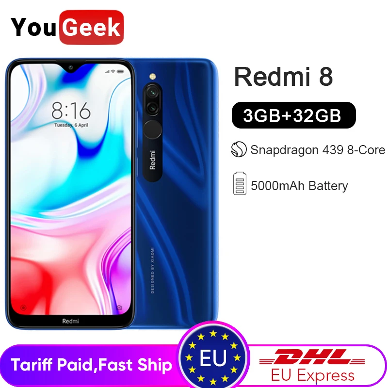 Смартфон Xiaomi Redmi 8 с глобальной версией, 3 ГБ, 32 ГБ, Redmi8, экран 6,22 дюйма, Восьмиядерный процессор Snapdragon 439, двойная камера 12 Мп, аккумулятор 5000 мАч