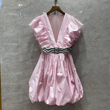

Women Dress Pleated Diamond Belt Temperament Sleeveless High Waisted Tutu Dresses Summer 100% Cotton Deep V-neck Ruffles Dresses