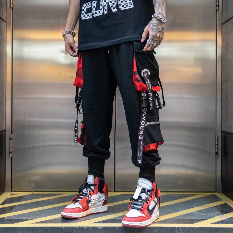 

Men's Side Pockets Cargo Harem Pants 2020 Ribbons Black Hip Hop Casual Male Joggers Trousers Fashion Casual Streetwear Pants