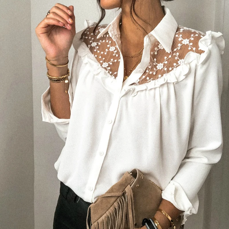 

Women Lace Shirt Blouse Autumn Spring Fashion Office Lady Loose Blusas Hollow out Patchwork Ruffles buttons up Shirt White Tops
